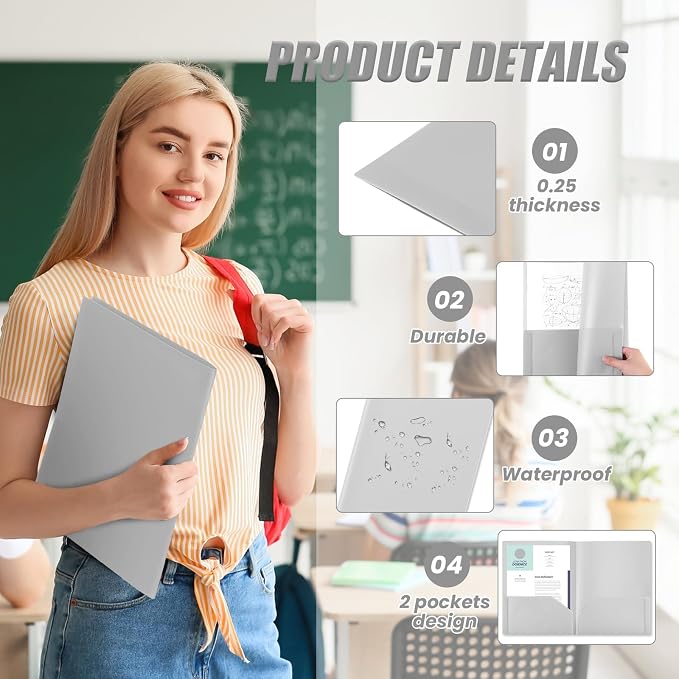 Gueevin 100 Pack Plastic Folder with Pockets, 2 Pocket Folders, Plastic Glossy Folders Fit Letter Size Paper, Heavy Duty Durable File Folder with Business Card for Home Office School (Gray)