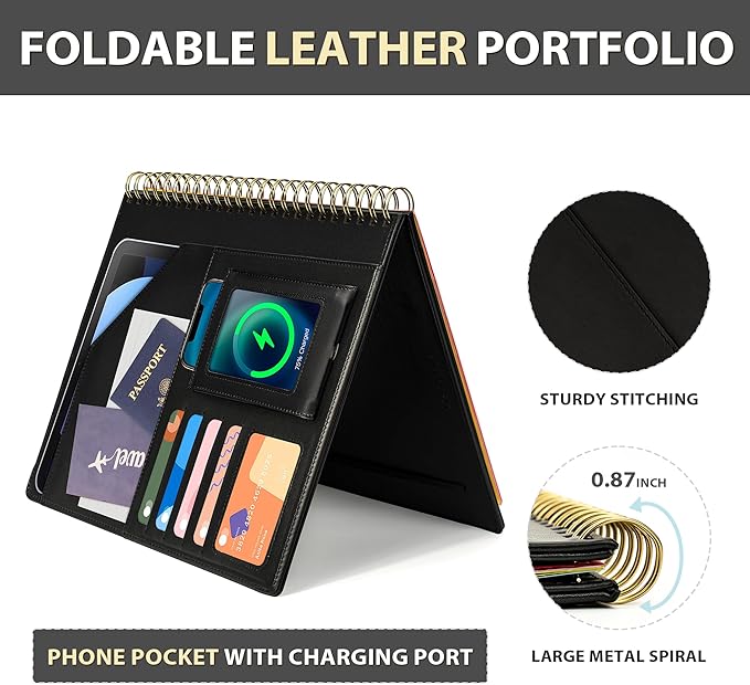 Ospelelf Clipboard with Storage for Men Women, Leather Padfolio Portfolio Organizer 5 Folders with 10 Pockets, Spiral Clipboard Folio with Notepad for Letter Size, Elastic Closure and Pen Loop Black