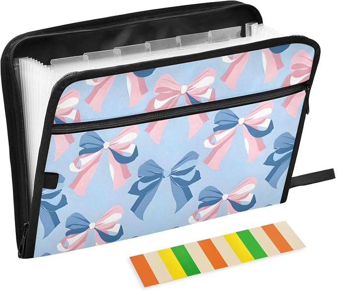 Expanding File Folder Pink Bow Blue Pattern Accordion File Organizer 13 Pockets Document Organizer with Zipper Labels A4 Letter Office Storage