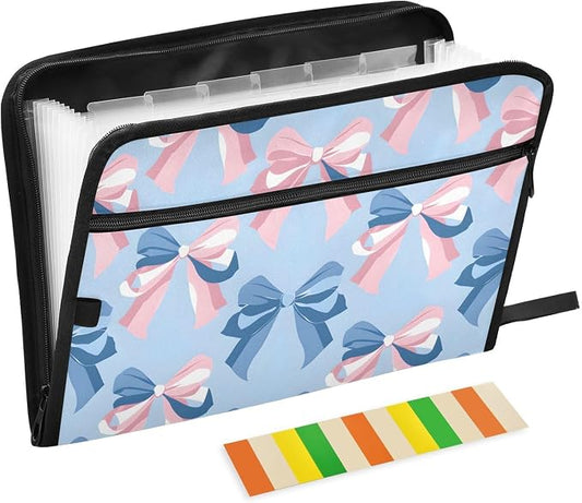 Expanding File Folder Pink Bow Blue Pattern Accordion File Organizer 13 Pockets Document Organizer with Zipper Labels A4 Letter Office Storage