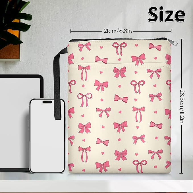 Pink Bow Book Sleeve with Zipper, Book Sleeve Gifts for Book Lovers, Book Cover for Girls Women, Book Covers for Paperbacks, Gifts for Birthday 11.2x8.3 inch