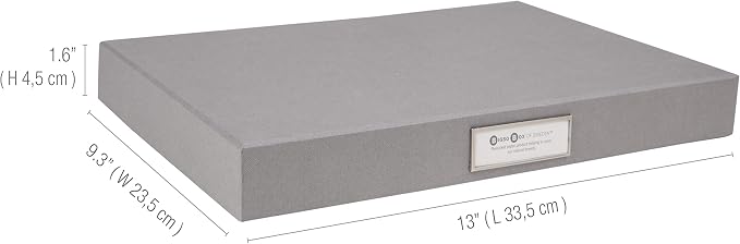 Bigso Sven Fiberboard Classic Hinged Document Box - File Organizer for Important Paperwork - Document Storage Box with Hinged Lid & Metal Label Window - 1.8 in x 13.2 in x 9.3 in - Grey