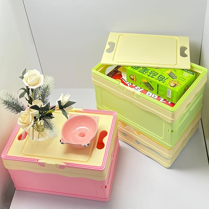 Tobeso-Nuoze Pastel Plastic Storage Bin with Lid Small Cute Foldable Pastel Crates Plastic Basket Colorful Storage Containers Baskets for Classroom Kitchen Office Bedroom Desktop Home Decor (Pink)