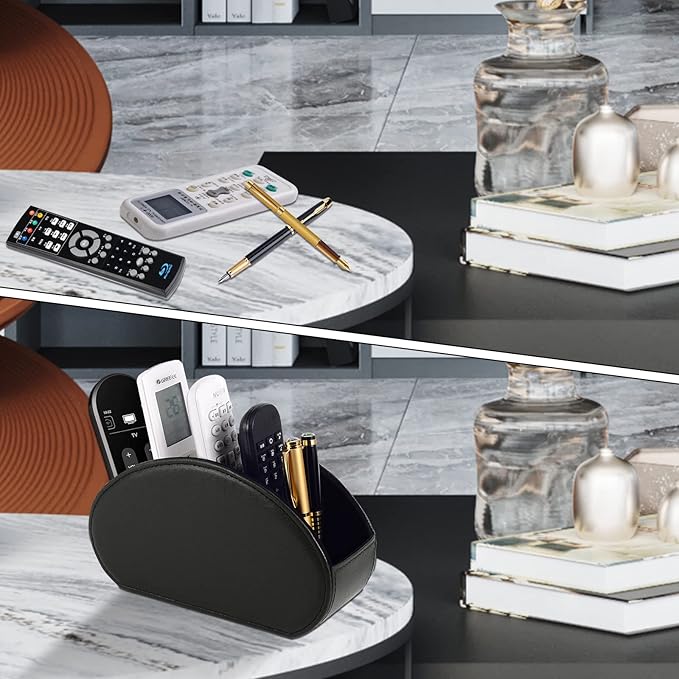 Tv Remote Holder Tray with 5 Compartments,PU Leather Remote Control Holder/Caddy Nightstand Decoration,Placed Media Remote Storage Box/Glasses/Makeup Brush/Office Products/Desktop Organizer (Black)