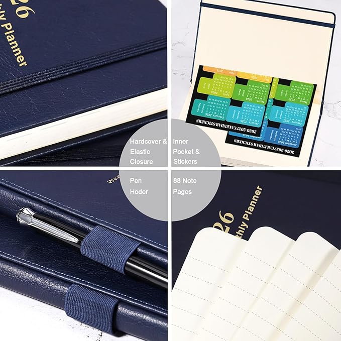 Planner 2026-2027, 2026 Planner(Jan 2026 - Dec 2026), Weekly and Monthly with Stickers, 5.7" X 8.2", 2026 Calendar Planner, Pen Holder, Inner Pocket, 44 Notes Pages - Blue