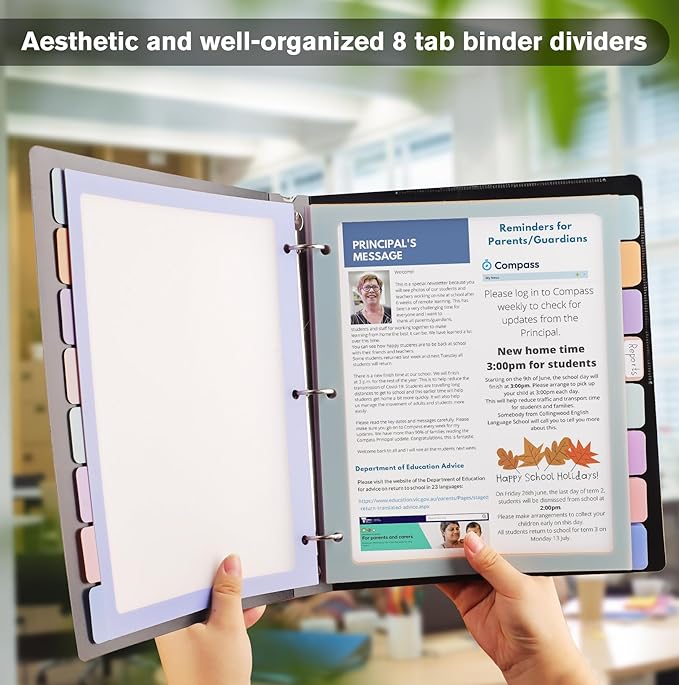 HABGP Binder Dividers with Tabs,8 Tab Dividers for 3 Ring Binder, Multi-Colored Page Binder Dividers Letter Size Plastic File Folder Pastel Color for Notebook School, 3 Hole Punch, 3 Set Total 24 Pcs