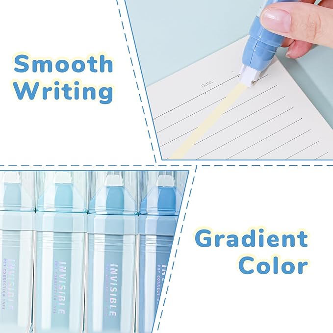 Temiary 4 Pcs White Correction Tapes, Beige Core Smooth Pull Out for Writing, Aesthetic Cream Correction Tape Gradient Set, Quick Dry Applicator for Students School Office Supplies (Blue)