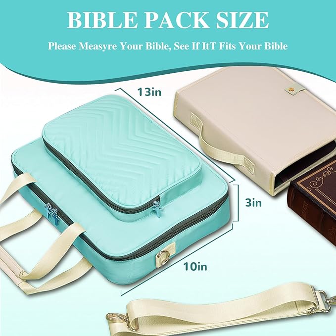 Waterproof Bible Bag for Women With Detachable Case,Quilted Bible Bag with Leather Handle,Bible Journaling Kit: 5 Pens, 12 Highlighters, 72 Tabs,Christian Travel Carrier (Green)