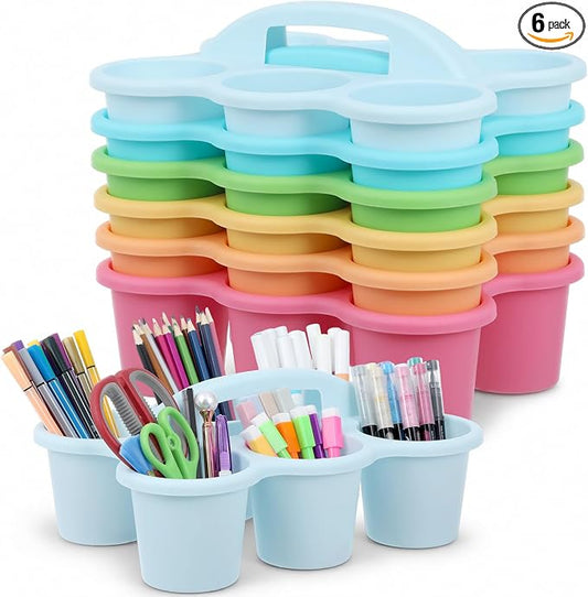 Plastic Caddy with Handle Set of 6 Classroom Caddy Organizer Cup Caddies Water Bottle Storage Crayon Caddies Plastic Cup Holder Drink Carrier for School Home Office Supplies (Pastel)