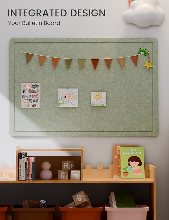 Fluxynara Bulletin Board,35.4" x 23.6" Cork Board Alternative with 12 Safe Removable Adhesive Tabs, Foldable Felt Pin Board for Home Office, Classroom, Bedroom,Entryway for Walls—Sage