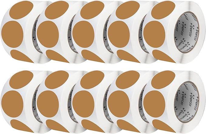 Perco Kraft Brown 3-Inch Perforated Circle Dot Sticker Labels — 10 Rolls, 5,000 Round Stickers — Natural, Cardboard-Like Surface with Permanent Adhesive for Organizing, Crafting & More—Made in USA