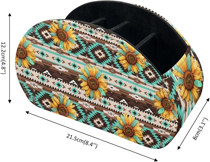 FUSURIRE Remote Control Holder Vintage Sunflower Aztec Geometry Print PU Leather Organizer Box with 5 Compartments for Home Office Supplies,Remote Caddy Desktop Storage for Controllers,Media Player