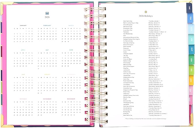 Simplified 2026 12-Month Spiral Daily Planner — Rainbow Row — January 2026 - December 2026, Calendar Year Organizer with Stickers, Pockets, and Keepsake Box