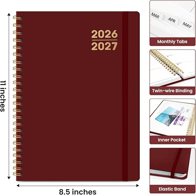 Planner 2026-2027 for Women & Men, Academic Monthly and Weekly Calendar Planner, Jul 2026 - Jun 2027, A4 (8.5" x 11"), Teacher Student Planning Book with Tabs, Ideal for Office School Supplies - Burgundy