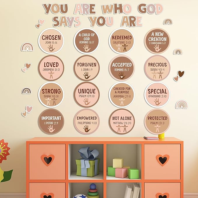 Qyeahkj Christian Bulletin Board Decoration Inspirational Diversity Bulletin Board Set Boho Rainbow God Says You Are Cutouts Motivational Religious Classroom Wall Decor for School Home Church Supplies