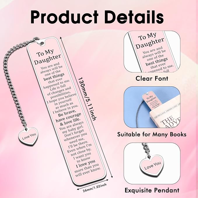 GGOJAGST Daughter Gifts from Mom Dad, Graduation Birthday Gifts for Daughter, Pink Bookmarks for Teen Girls, Sweet 16th 18th Daughters Birthday Grad Wedding Presents for Women