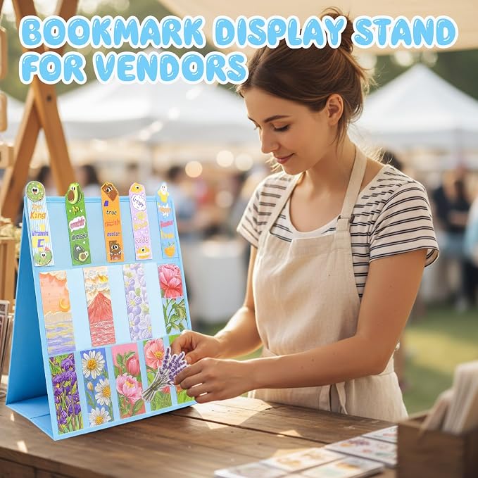 Faccito Bookmark Display Stand, Double Sided Portable Holder for Bookmarks, Blue Desktop Display Rack for Craft Fairs, Spring Markets, Vendor Booths