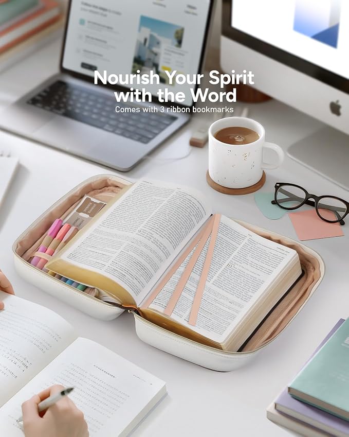 BellaHold Quilted Vegan Leather Bible Cover, Color-Blocked Bible Cover Case for Women, Large Bible Carrying Case with Handle, Bible Study Supplies & Christian Gift for Women (White & Brown, XL)