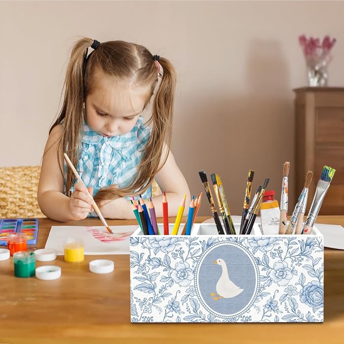 Blue and White Floral Goose Pen Holder for Desk, Chinoiserie Flower Goose Pencil Organizer, Grand Millenial Animal Wooden Box Sign Desk Decor for Girl Nursery Home Office Decoration