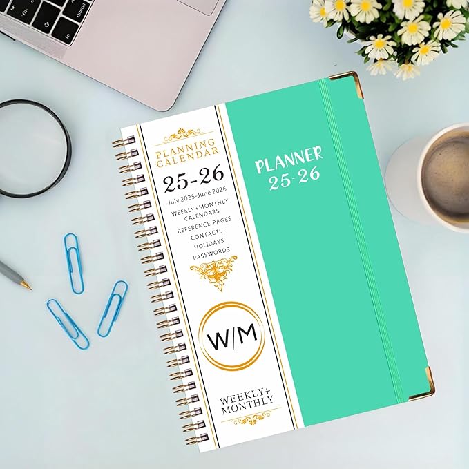 Daily Planner 2025-2026, Monthly and Weekly Calendar Planner with Tabs, July 2025 - Jun 2026, Inner Pocket, 6.2" x 8.5" A5 Size, Perfect for Office Home School Supplies, Spiral Bound, Aquamarine ﻿ ﻿