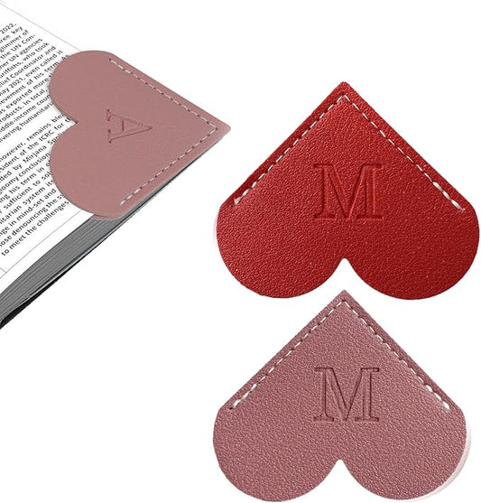 2Pcs Personalized Leather Heart Bookmark with Initial, 26 Letters Custom Corner Page Book Mark for Reading Women, Book Lovers, Teachers, Students, Cute Book Accessories Gifts(Red+Dark Pink, M)