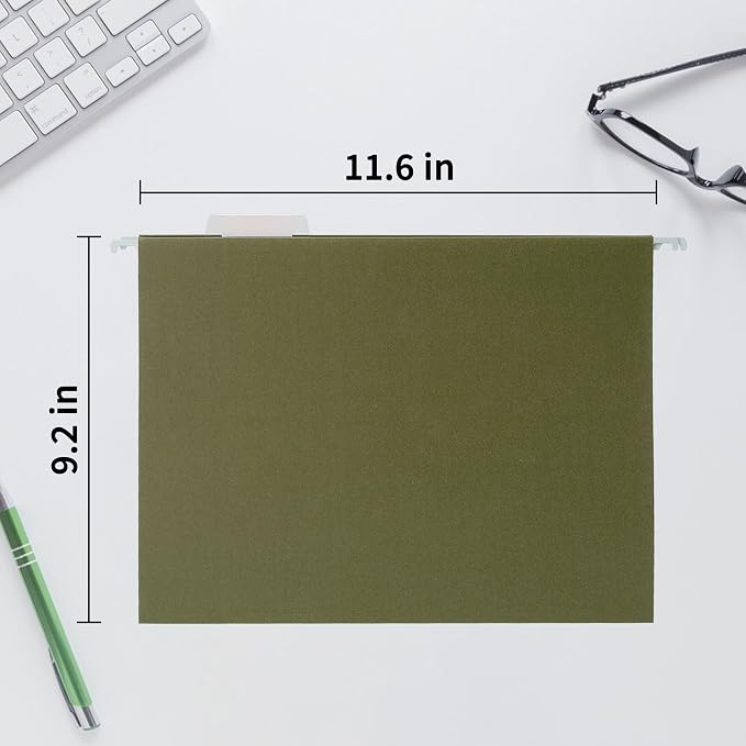 VZCPYTPM 25 Packs Hanging File Folders,Standard Green File Folders for Filing Cabinet,1/5 Adjustable Tabs & Labels,Bulk File Organizer for Office,School,Home