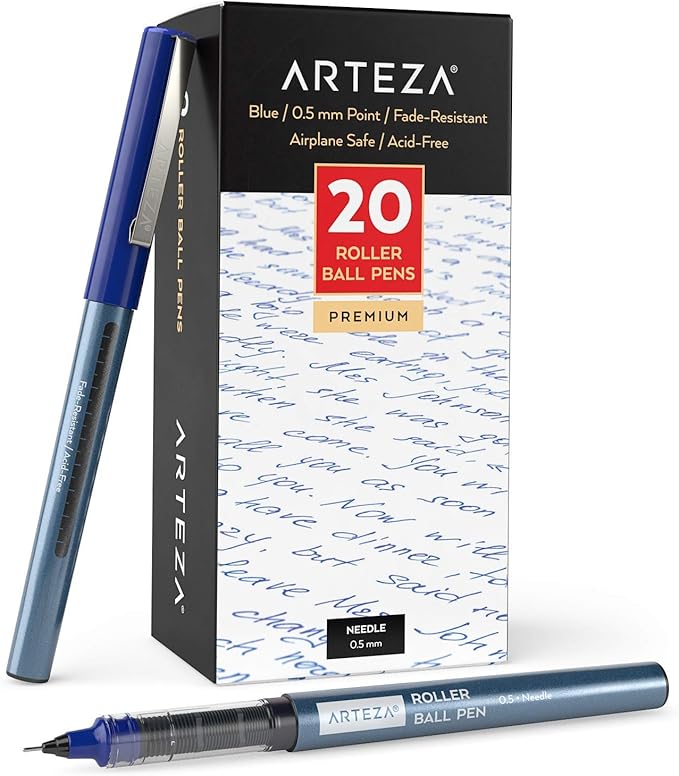 ARTEZA Rollerball Pens Fine Point, Set of 20 Blue Liquid Ink, Extra Fine 0.5 mm Needle Tip Pen, Make Precise Lines, Office Supplies for Writing, Notetaking, and Drawing