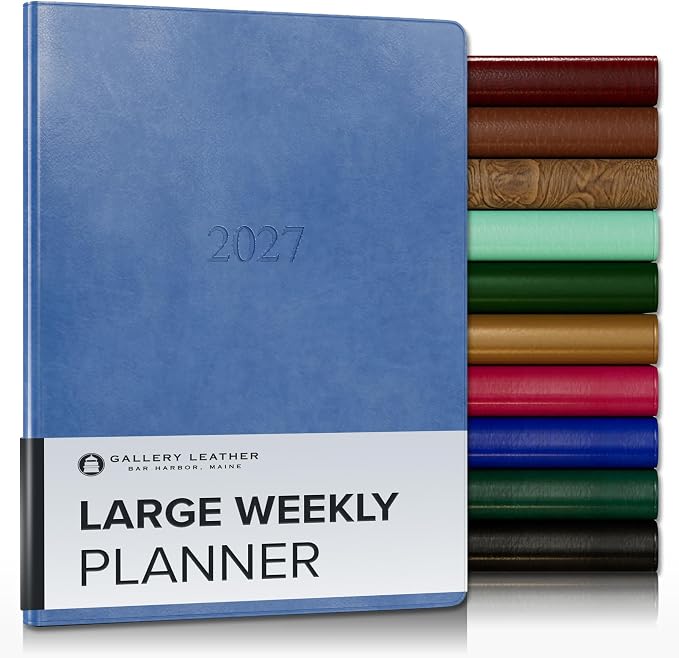 Gallery Leather Large Weekly Monthly Planner 2027, Elegantly Bound Calendar Planner and Notebook with Stylish Gold-Gilded Page Edges, 12 Months - Acadia Hydrangea - 9.75x7.5"
