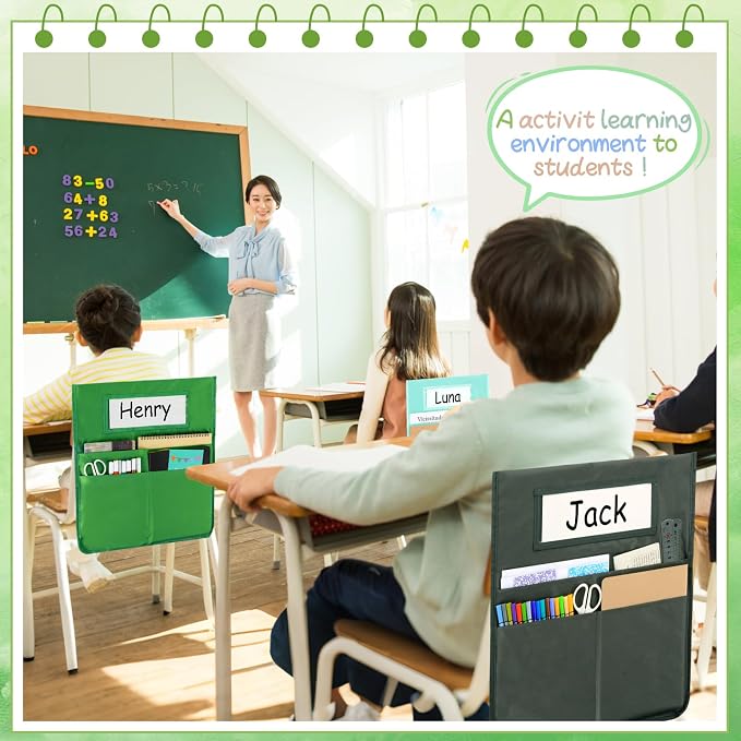 gisgfim 24 Pcs Chair Pockets for Classroom 16.7 x 19.3 Inch s with Name Tag Chairback 3 Pockets Chairs Seat Back Organizer for Elementary School Daycare Home Supply (Greenery)