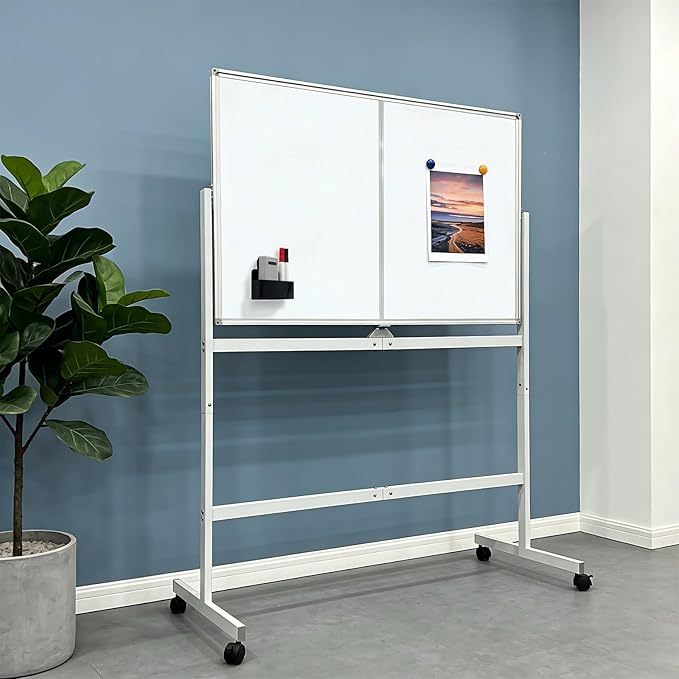Mobile Whiteboard 48" × 32" with Rolling Stand, Double Sided Dry Erase Board on Wheels, Adjustable Height & 360° Rotation, White Frame for Office Classroom Home