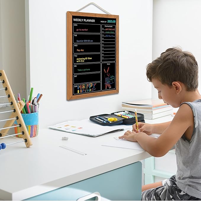 Calendar Weekly Chalkboard, 13" * 17", Magnetic Surface Rustic Brown Solid Pine Wood Frame Black Board for Office, School and Home(ZLHB-QZ-3343)
