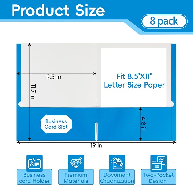 8 Packs Blue Two Pocket File Folders,File Folder Letter Size,8.5x11Inches File Folders for Office,School and Home,Organizer File Folder