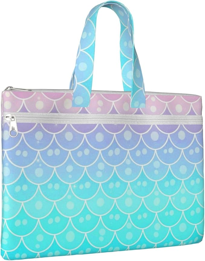 Canvas Zippered Document Bag with Handle, Waterproof Foldable File Storage Pouch Mermaid Scales Pastel Pink Purple Aqua Teal for Office Meetings