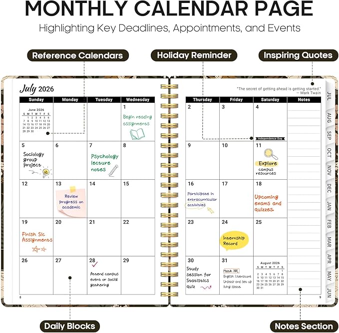 Planner 2026-2027, Academic Year Monthly and Weekly Calendar Planner, Jul 2026 - Jun 2027, Hardcover Teacher Student Planning Agenda book with Tabs, Perfect for School Office Supplies, 6.3" x 8.5" - Wild Rose