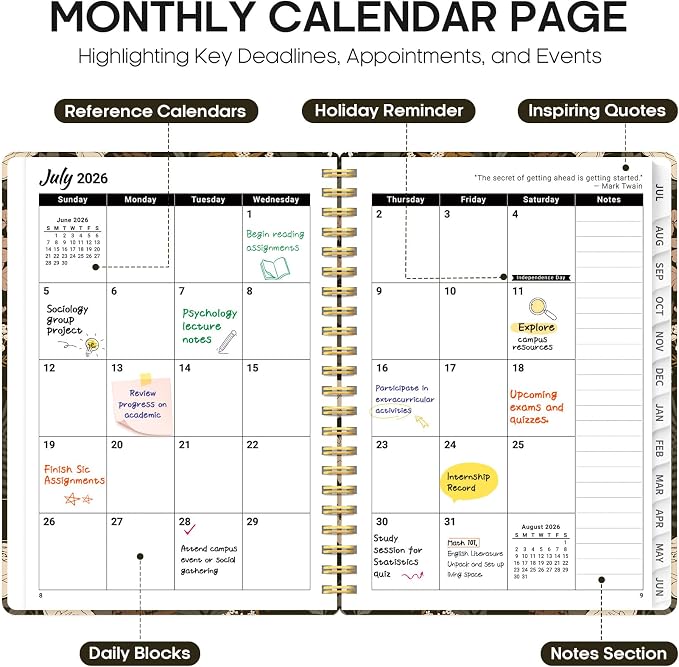 Planner 2026-2027, Academic Year Monthly and Weekly Calendar Planner, Jul 2026 - Jun 2027, Hardcover Teacher Student Planning Agenda book with Tabs, Perfect for School Office Supplies, 8.5" x 11" - Wild Rose