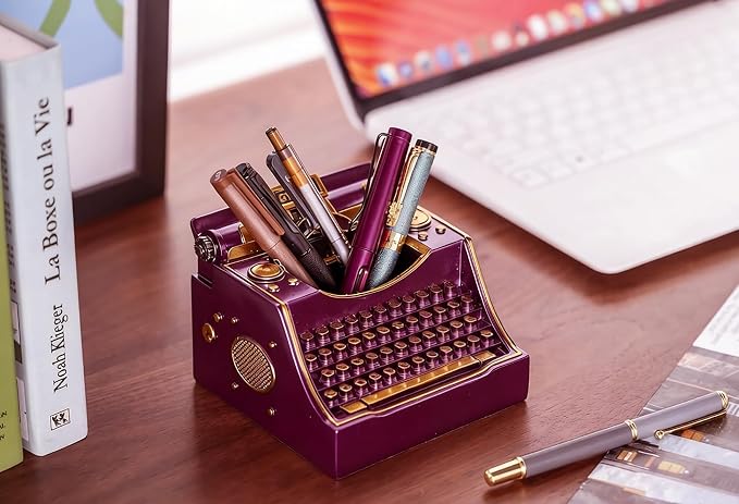 Retro Typewriter Pen Holder Decorative Resin Vintage Pencil Holders Desk Organizer for Writer's Desk (Purple)