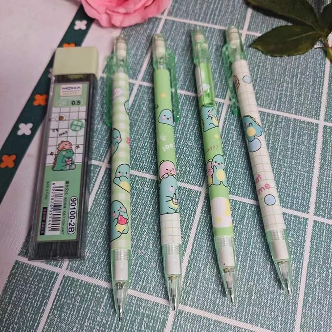 4PCS Cute Cartoon Dinosaur Mechanical Pencils Set with Tubes 0.5 mm Pencil Refills Back to School Gift for Teens Student (Green)