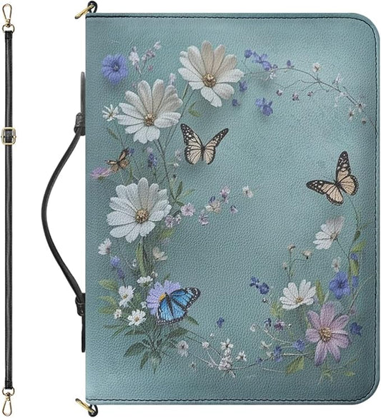 Large Bible Covers for Women, Blue Bible Case with Strap and Handle, Butterflies and Daisies Print PU Leather Biblia Protecto with Inner Pockets and Pen Loop, Christian Gifts for Women