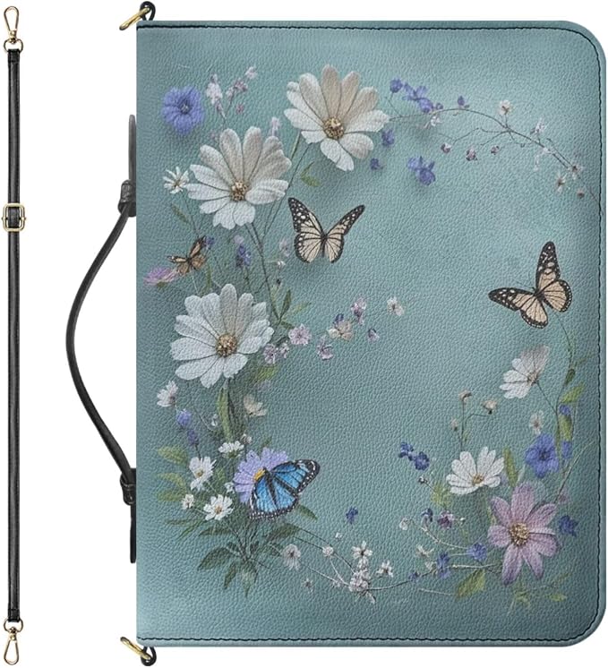 Extra Large Bible Carrying Case for Women, Blue Bible Cover with Strap & Handle, Butterflies and Daisies Print PU Leather Biblia Organizer with Inner Pockets & Pen Loop, Church Bags for Women