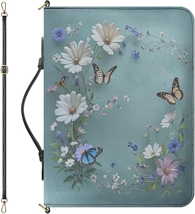2XL Bible Bags for Women, Blue Bible Purse with Strap and Handle, Butterflies and Daisies Print PU Leather Book Holder with Inner Pockets and Pen Loop, Biblia Accessories Women