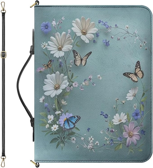 2XL Bible Bags for Women, Blue Bible Purse with Strap and Handle, Butterflies and Daisies Print PU Leather Book Holder with Inner Pockets and Pen Loop, Biblia Accessories Women