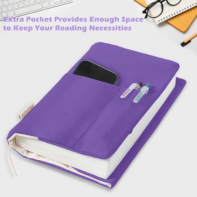 APLUFINE Canvas Book Covers, Washable Book Protector, Jumbo Book Cover for Paperback Novels, Adjustable Book Cover for Hardcover with Pockets for Pen, Soft Cover Books, Book Lovers Gifts, Lavender