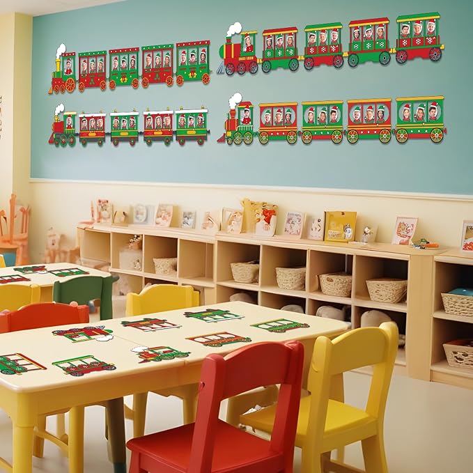 60pcs Christmas Theme Cutouts Xmas Trains Bulletin Board Decoration Set Christmas Train Paper Cut-Outs Classroom Decor for Xmas Holiday DIY Photo Craft Winter Party School Classroom Wall Door Supplies