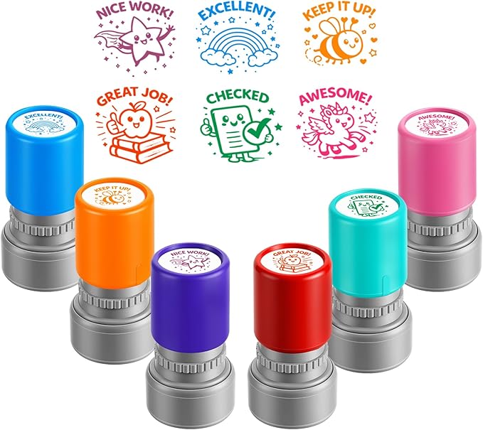 Teacher Stamps for Classroom, Teacher Appreciation Gifts, Self Inking Grading Stamps Set, Reward Stamps with Unicorn, Rainbow, Bee, Star, Classroom Essentials for Elementary School & Homeschool (6Pcs)