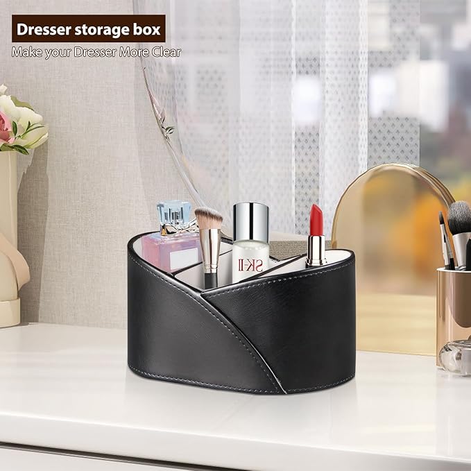 PU Leather TV Remote Control Holder with 3 Compartments, Bedside Table Remotes Caddy, Office Desk Accessories and Workspace Organizers, Storage Box to Store Pen, Controllers, Media Player, Cosmetics