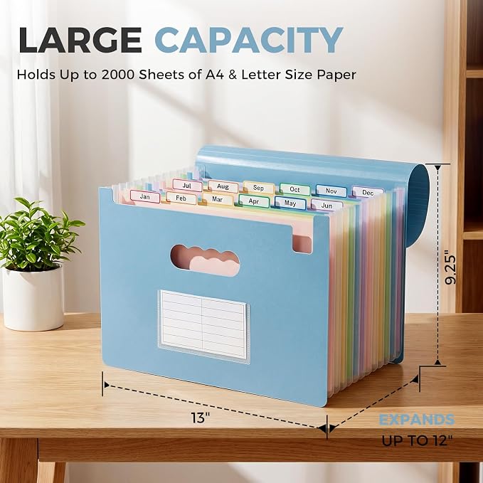 SKYDUE Expanding File Folder with 13 Pockets, Accordion Document Organizer with Monthly Labels, A4 & Letter Size for Tax Records, Medical Files, Receipts, Home of Haze Blue