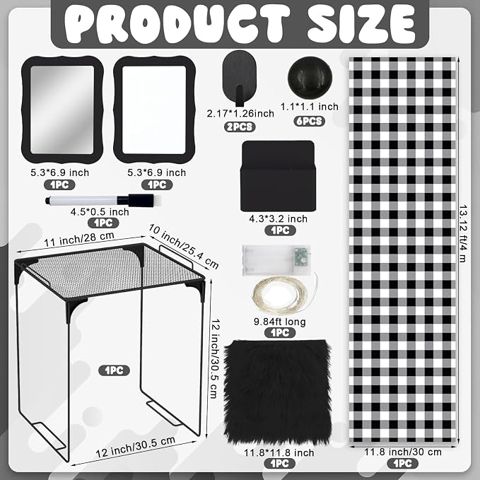 16 Pcs Locker Accessories Kit Black Locker Organizer Decorations Include Checkered Wallpaper String Light Magnetic Whiteboard Mirror Storage Cup Marker Rug Organizing Shelf for Back to School Supply