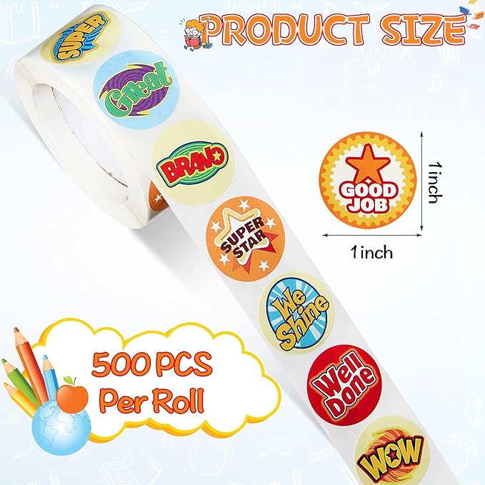 Outus 3 Rolls Motivational Stickers for Kids, 1500 Pcs Inspirational Cartoon Reward Stickers Teacher Supplies for Potty Training School Classroom Students Prizes, 24 Designs(Classic Style)