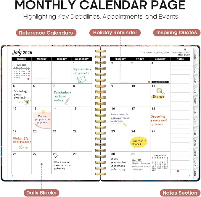 Planner 2026–2027, Academic Year Monthly & Weekly Calendar Book, Jul 2026–Jun 2027, Hardcover Organizer with Tabs, Student & Teacher Planner, 6.3" x 8.5", Cherry Lane