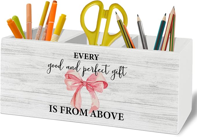Pink Coquette Bow Christian Pen Pencil Holder Organizer for Desk Accessories, Preppy Bible Verse Wooden Box Sign Desk Decor for Girly Room Bedroom Dorm Decoration, Christian Gifts for Women